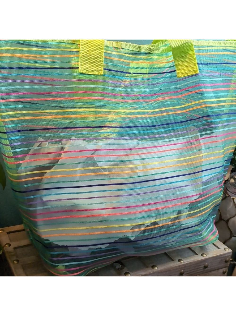 Nylon Neon Striped Mesh Tote